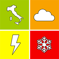 Icona costituita da 4 quadranti con simboli bianchi: primo quadrante (alto-sinistra) sfondo verde e silouette del territorio italiano, secondo quadrante (alto-destra) sfondo arancione e simbolo di una nuvola, terzo quadrante (basso-destra) sfondo rosso e simbolo di un fiocco di neve, quarto quadrante (basso-sinistra) sfondo giallo e simbolo di un fulmine
