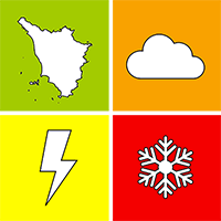 Icona costituita da 4 quadranti con simboli bianchi: primo quadrante (alto-sinistra) sfondo verde e silouette dell'area della regione toscana, secondo quadrante (alto-destra) sfondo arancione e simbolo di una nuvola, terzo quadrante (basso-destra) sfondo rosso e simbolo di un fiocco di neve, quarto quadrante (basso-sinistra) sfondo giallo e simbolo di un fulmine