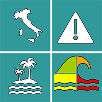 Icona costituita da 4 quadranti tutti con sfondo verde acqua: primo quadrante (alto-sinistra) simbolo bianco silouette dell'italia, secondo quadrante (alto-destra) simbolo bianco di un segnale triangolare di pericolo, terzo quadrante (basso-destra) simbolo colorato di un onda marina, quarto quadrante (basso-sinistra) simbolo bianco di una piccola isola