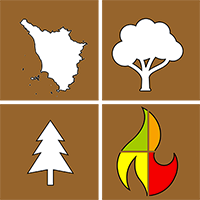 Icona costituita da 4 quadranti tutti con sfondo marrone: primo quadrante (alto-sinistra) simbolo bianco silouette della toscana, secondo quadrante (alto-destra) simbolo bianco di un tipo di albero, terzo quadrante (basso-destra) simbolo di una fiamma colorata, quarto quadrante (basso-sinistra) simbolo bianco di un albero di un'altro tipo