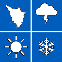 Icona costituita da 4 quadranti tutti con sfondo blu e simboli bianchi: primo quadrante (alto-sinistra) simbolo silouette della toscana, secondo quadrante (alto-destra) simbolo di un temporale, terzo quadrante (basso-destra) simbolo di un fiocco di neve, quarto quadrante (basso-sinistra) simbolo di un sole raggiante